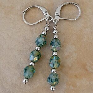 Picasso GREEN 6mm Czech Crystal Earrings Stainless Steel Leverback Artisan